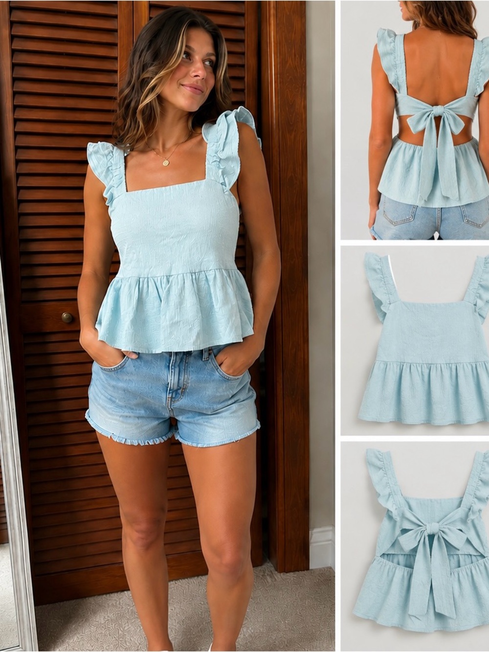 Mi Ami Light Blue Ruffle Open Back Peplum Top – Size Medium